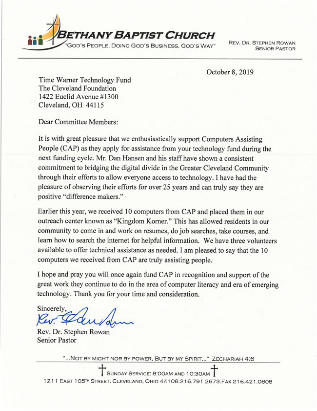CAP support letter  support from the Rev. Dr. Steven Rowan and Bethany Baptist Church