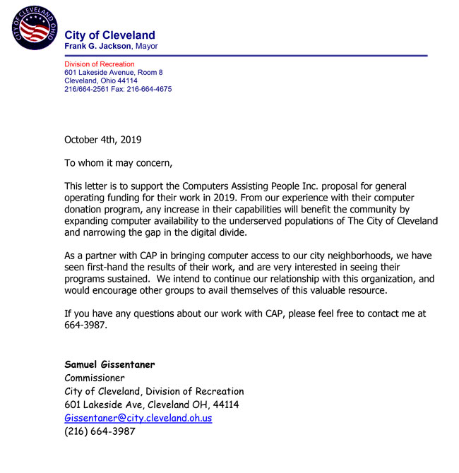 CAP support letter from the City of Cleveland, Division of Recreation