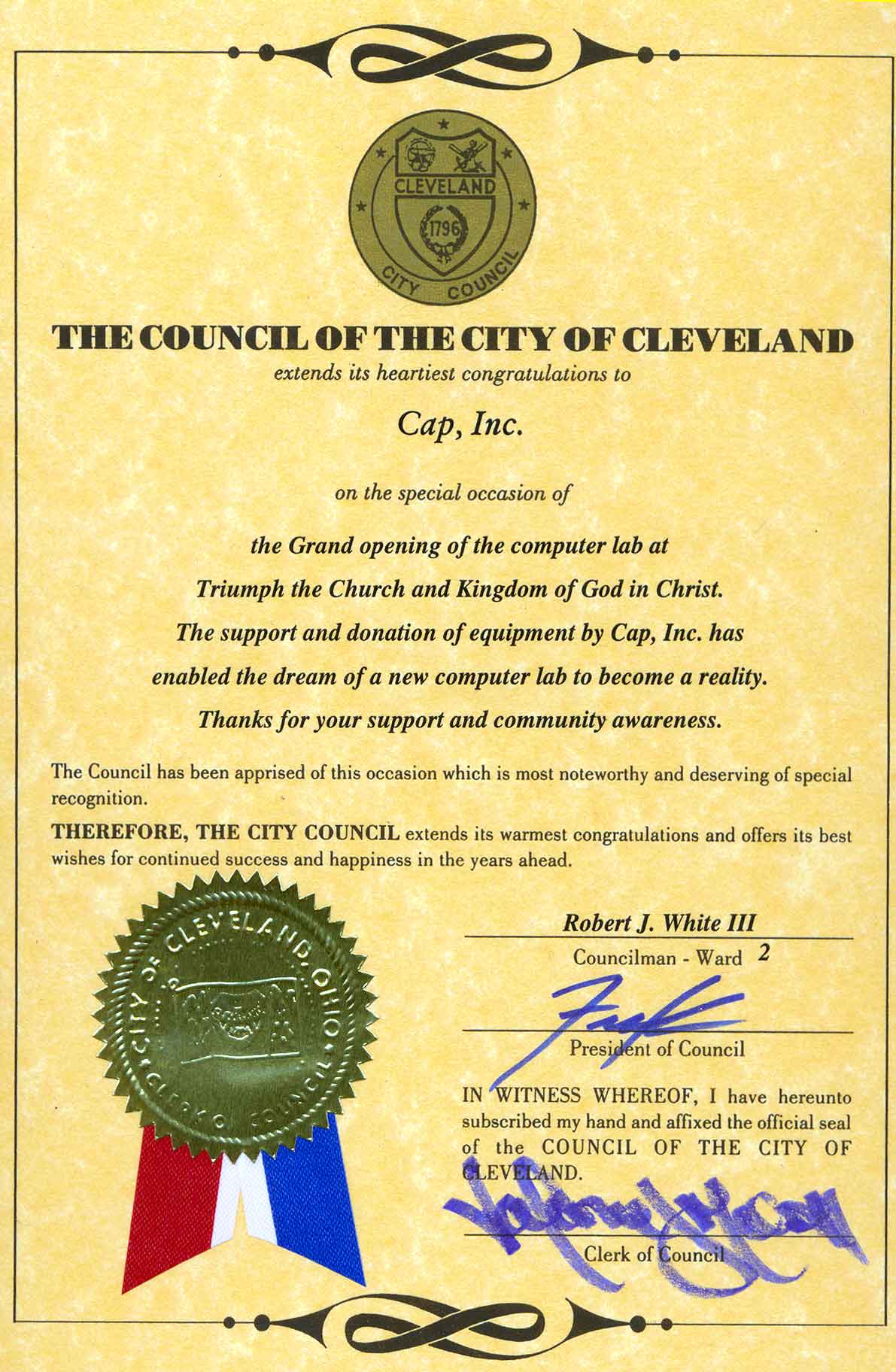 Certificate from Cleveland City Council given to CAP